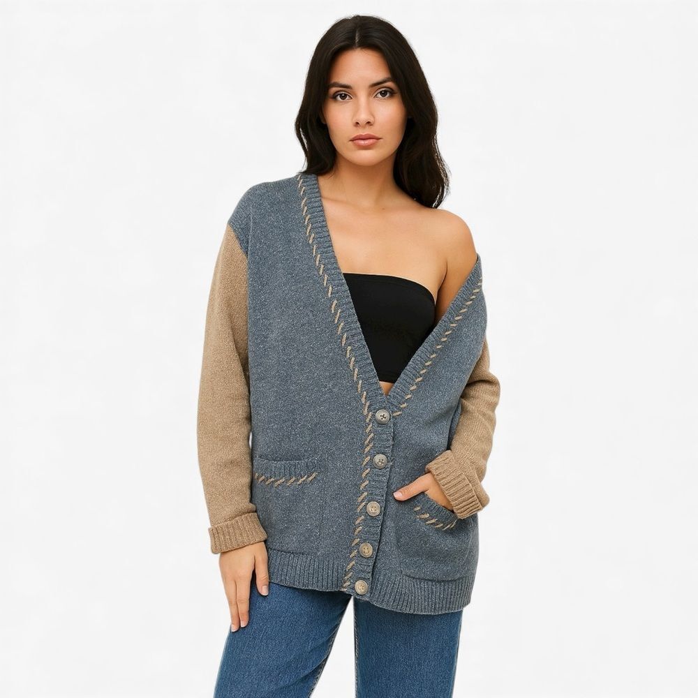 Liz Sport Vintage 90s Cardigan Medium Blue Tan Button Front Cottagecore